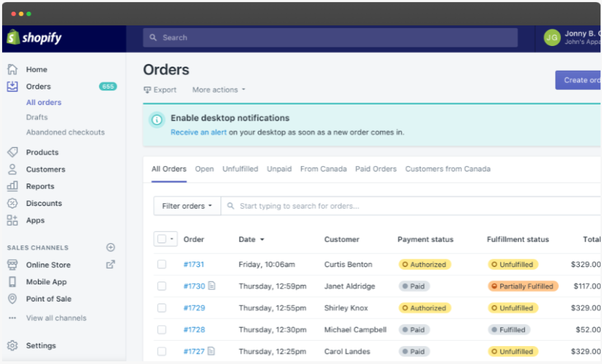 Shopify Orders Admin
